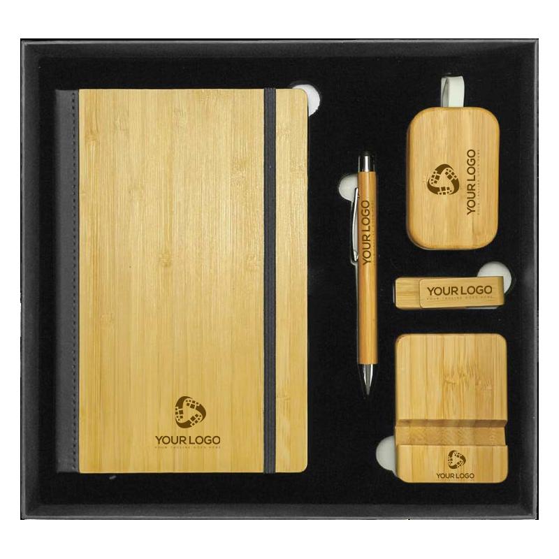 Black Cardboard Gift Box With  Bamboo Notebook, Bamboo Pen, Bamboo Earphones & Bamboo Mobile Stand